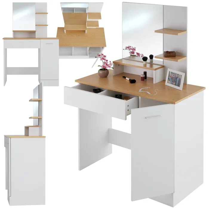 Coiffeuse En Panneau Aggloméré Avec Miroir Et Rangements Blanc