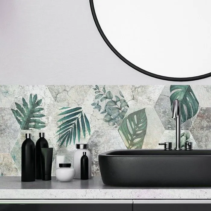 Crédence pour salle de bain en PVC floral vert 140x30 cm (en 2 bandeaux)