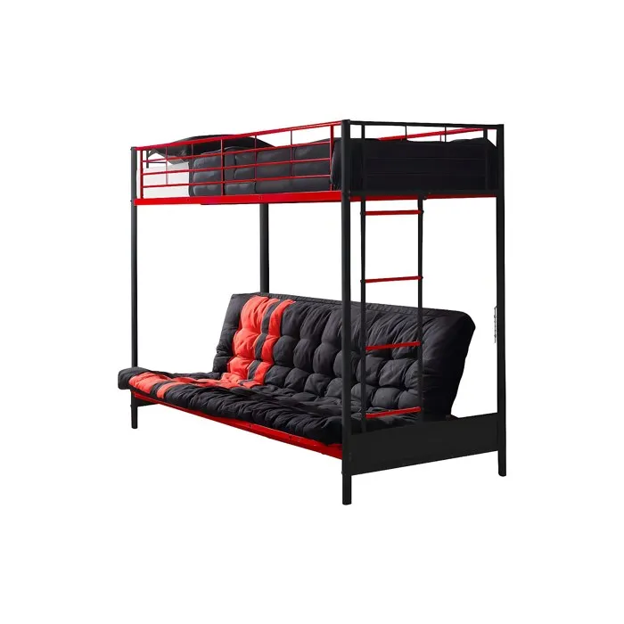 Lit mezzanine 90 x 190 cm - Avec banquette convertible - Métal - Noir et rouge + Futon - MODULO V