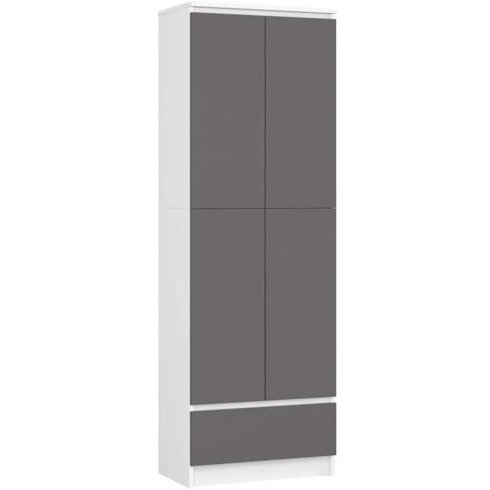 Bibliothèque De Bureau, Armoire Akord R60 Blanche 60 Cm 2 Portes 1 Tiroir Façade Gris Graphite 4 Étagères 60x35x180 Cm