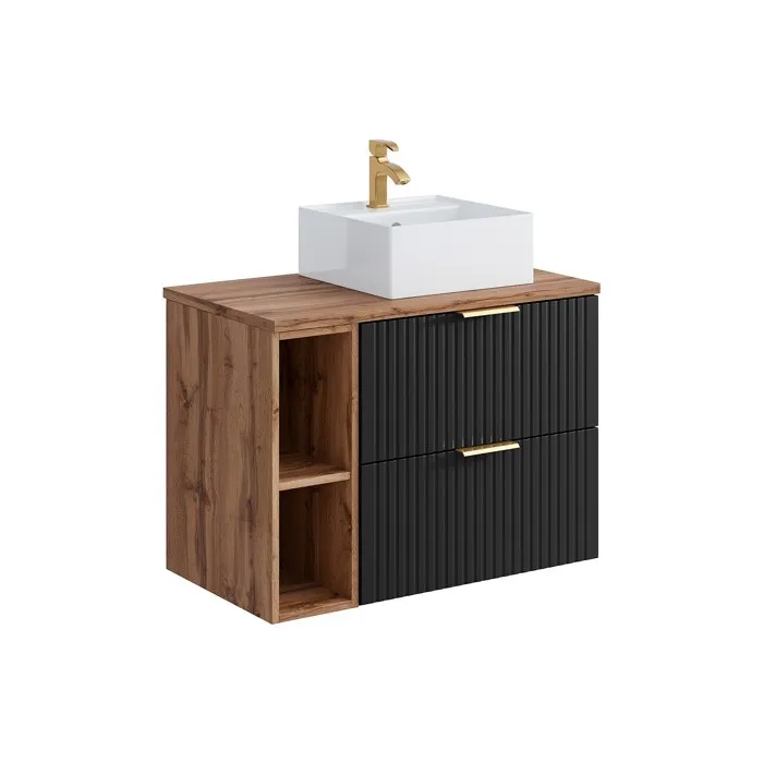 Meuble de salle de bain suspendu strié avec niches et vasque à poser carrée - Noir et naturel clair - L80 cm - ZEVARA