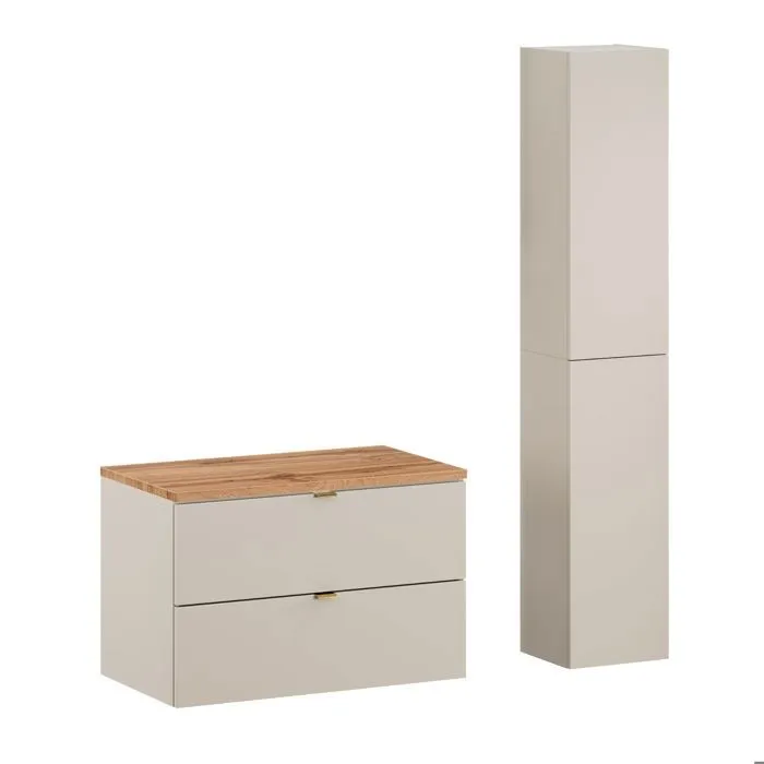 Ensemble DALIA CACHEMIRE meuble sous vasque avec plan chêne 80 cm et 2 x colonne 30/80 cm à suspendre