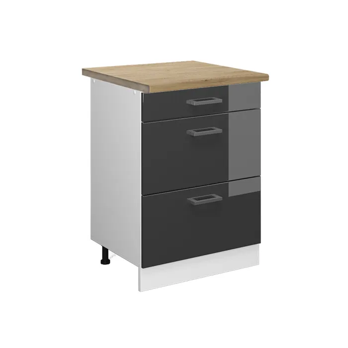 Vicco Meuble cuisine Anthracite Haute brillance 60cm avec tiroirs, PT Chêne