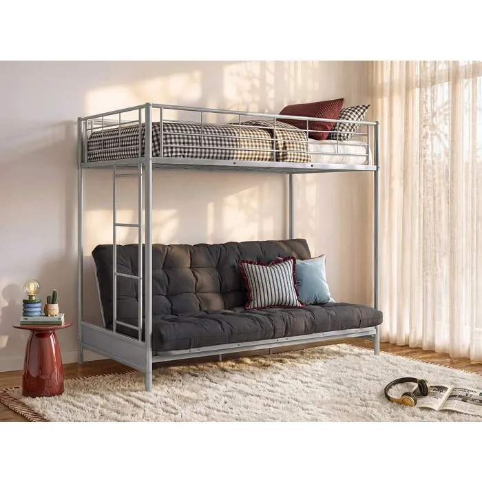 Lit Mezzanine 90 X 190 Cm - Avec Banquette Convertible - Métal - Argent + Futon Noir - Modulo V