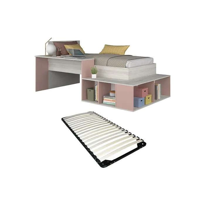 Lit combiné 90 x 200 cm avec rangements et bureau - Coloris: Naturel et rose + Sommier - RIGALI