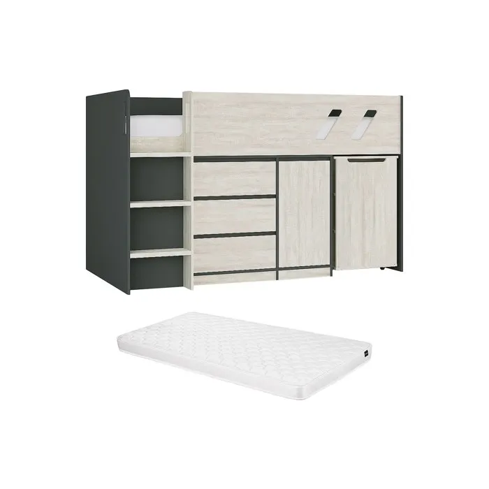Lit combiné 90 x 190 cm avec bureau et rangements - Coloris: Anthracite et naturel grisé + Matelas - SAGITI