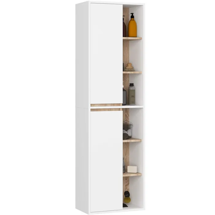Colonne salle de bains VAMI suspendu Blanche 50 cm 2 portes façade Chêne Sonoma 10 étagères 50x30x170 cm