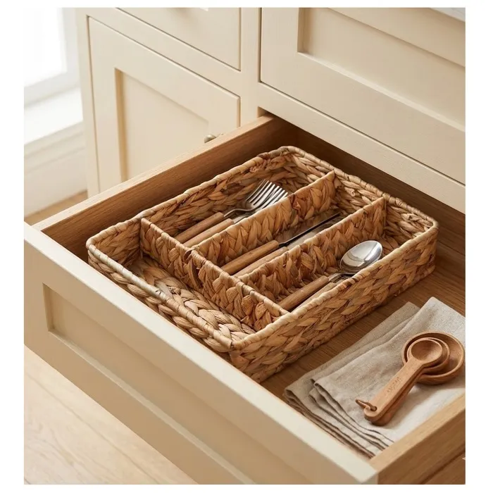 Range Couverts En Jacinthe Tressé 4 Compartiments 24 X 34 Cm Beige