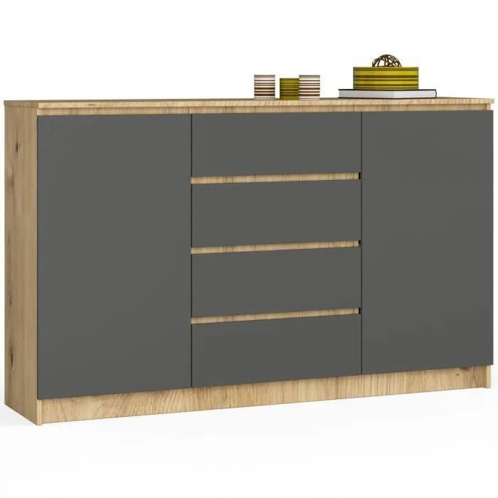 Grande Commode Pour Le Salon Akord K160 Chêne Artisan 160 Cm 2 Portes 4 Tiroirs Façade Gris Graphite 4 Étagères