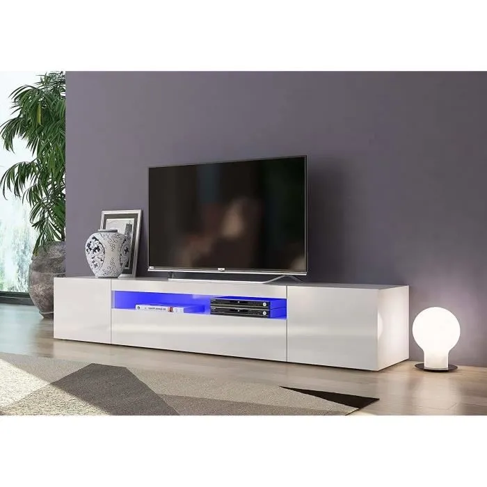 Meuble Tv Avec Led Effet Bois Blanc Brillant 200x40 Cm