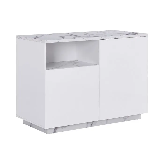 Ilot central de cuisine avec 2 portes et 1 niche en MDF - Effet marbre blanc - CORELINA