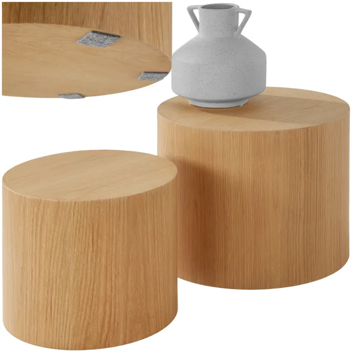 Ensemble de 2 tables basses rondes placage en bois de chêne