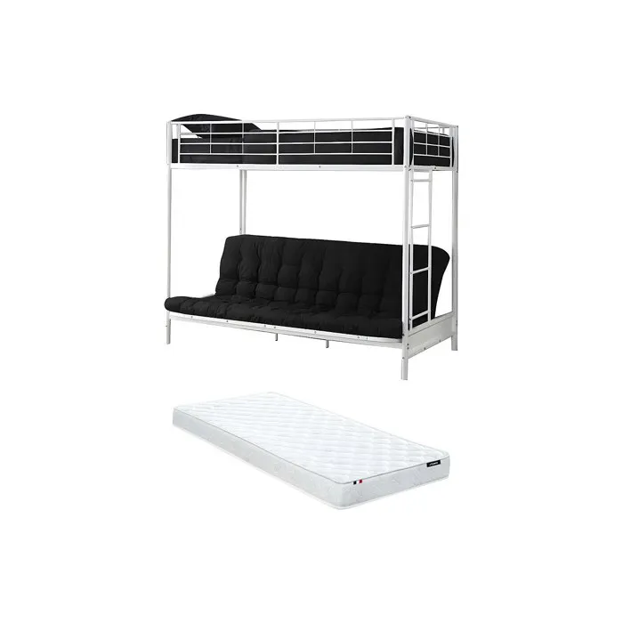 Lit mezzanine 90 x 190 cm - Avec banquette convertible - Métal - Blanc + Futon + Matelas - MODULO V