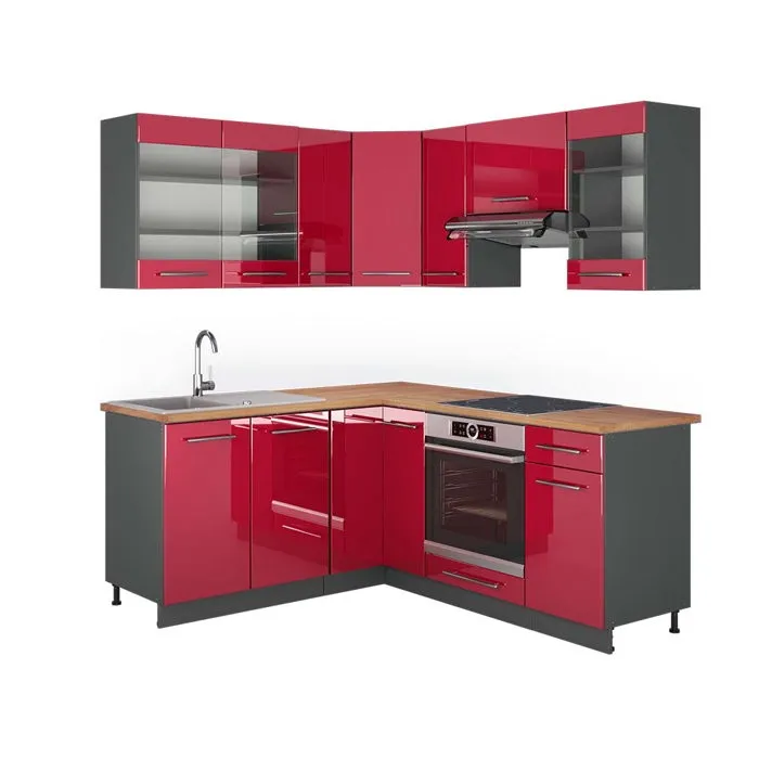 Vicco Cuisine en angle Rouge bordeaux Haute brillance/Anthracite 190 x 160 cm, PT Chêne