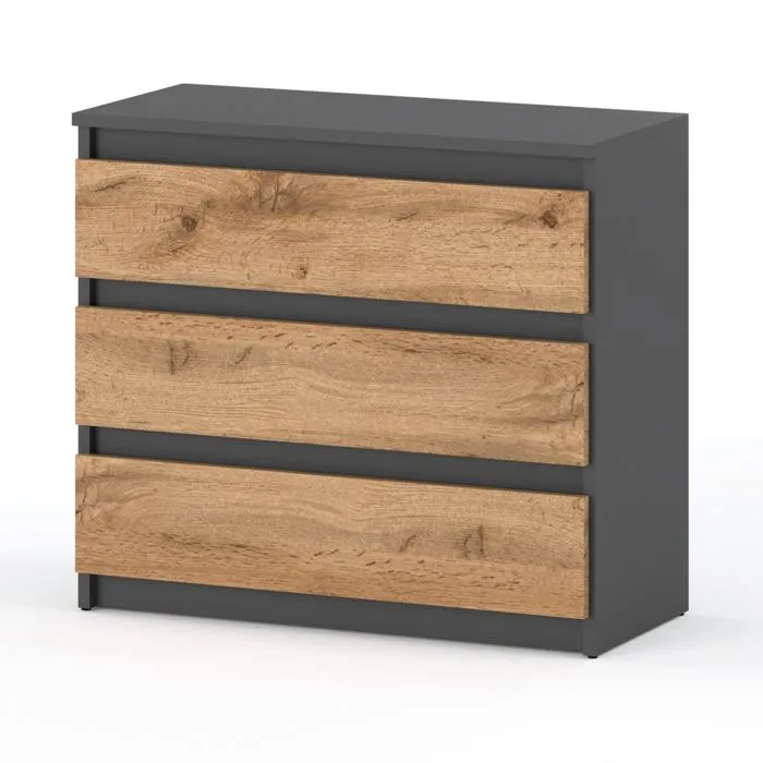 Commode Gris + Chêne Wotan 3 tiroirs 80 cm, meuble TV pour salon ou chambre