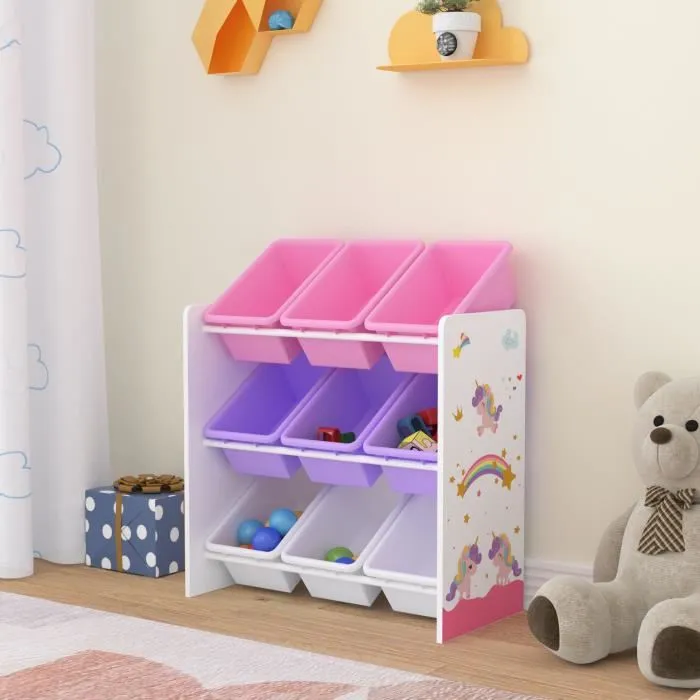 Étagère de rangement Muxiia pour enfant avec 9 bacs ouverts blanc violet rose en.casa