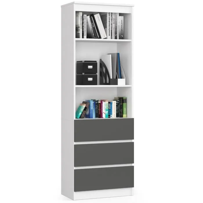Bibliothèque De Bureau Akord R60 Blanche 60 Cm 3 Tiroirs Façade Gris Graphite 3 Étagères 60x35x180 Cm