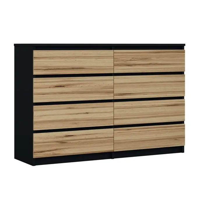 Commode 8 Tiroirs, Noir / Wotan Chêne, 140 X 101 X 39 Cm