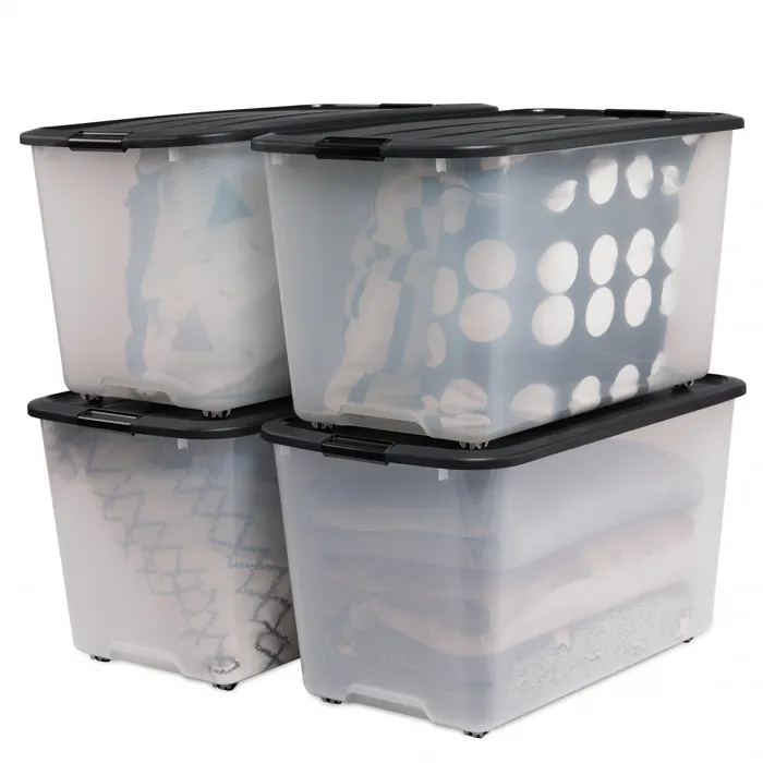 Iris Ohyama, Boîtes de rangement plastique sur roulette, 70L, Lot de 4, Noir, TBR-70