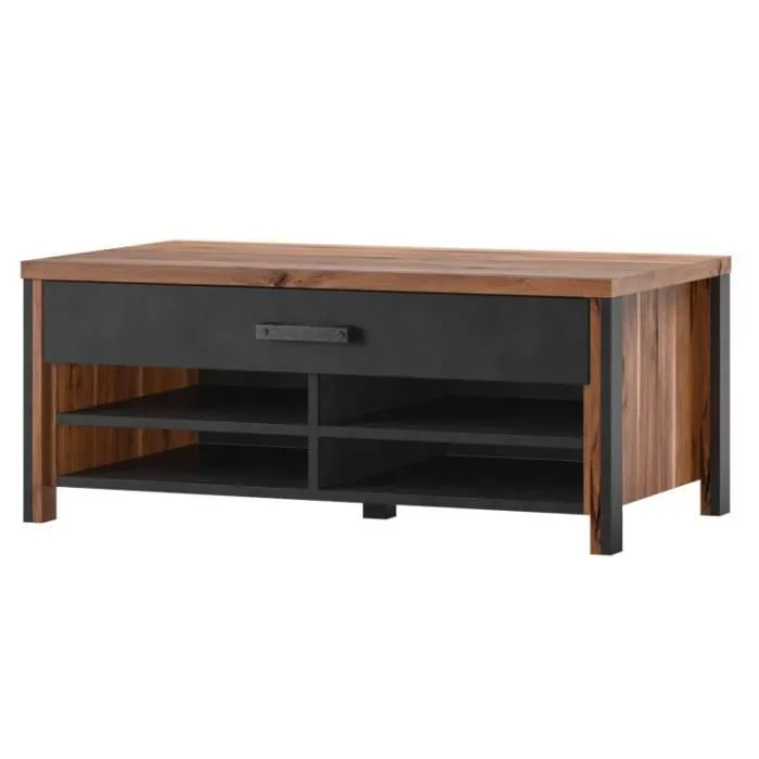 Table basse WINDSOR - Chene foncé et anthracite - 1 tiroir, 4 niches - 107 x 44.8 x 60 cm