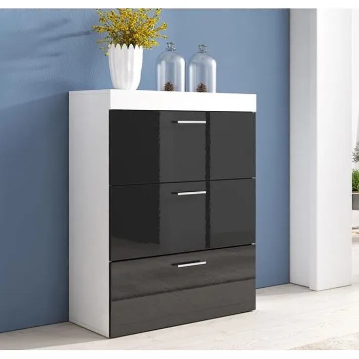Muebles Bonitos - Commode 3 Tiroirs 75x99x36cm Poignées Aluminium Meuble De Rangement Modèle Dalia Blanc Et Noir Finition Brillante