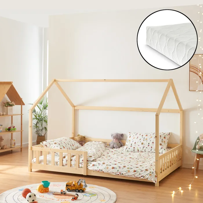 Lit cabane Hesel avec matelas à mousse froid 120 x 200 cm naturel en.casa