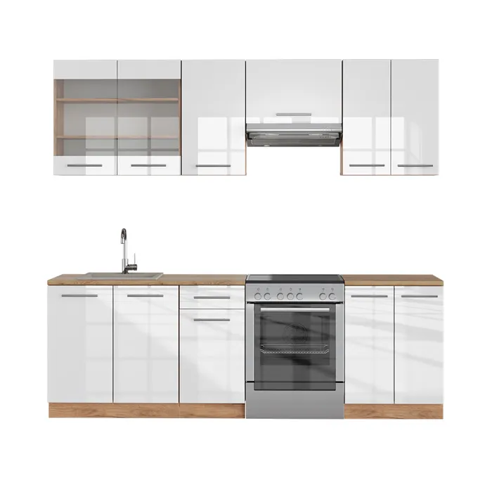 Vicco Cuisine Blanc brillant/Chêne doré 240cm sans PT