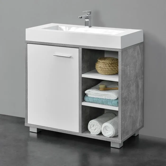 Meuble Sous Lavabo Pour Salle De Bain Narvik 56 X 60 X 31 Cm Effet Béton Et Blanc