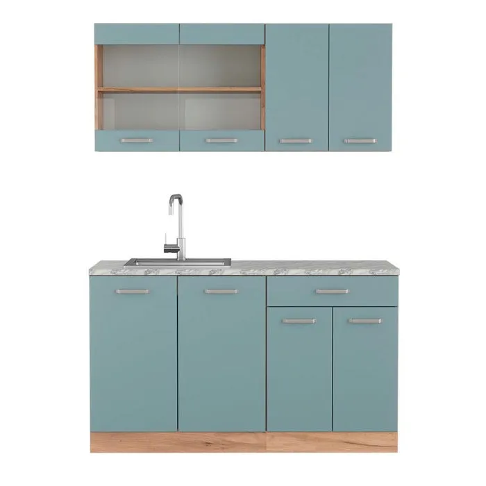 Vicco Cuisine Bleu-gris/chêne doré 140cm, PT Marbre