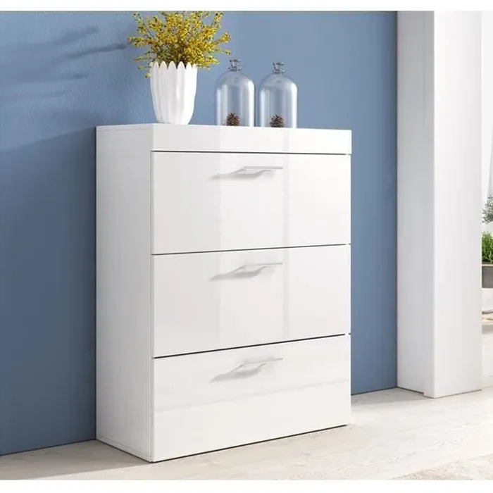 Muebles Bonitos - Commode 3 Tiroirs 75x99x36cm Poignées Aluminium Meuble De Rangement Modèle Dalia Blanc Finition Brillante