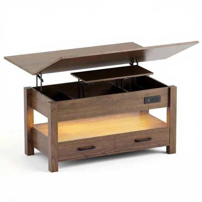 Table Basse Relevable Extensible 4 En 1 Avec Rangements Et 2 Tiroirs, Table Basse Multifonction Style Campagne Chic Pour Salon,