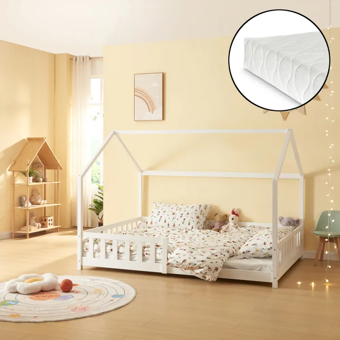 Lit cabane Hesel avec matelas à mousse froid 120 x 200 cm blanc en.casa