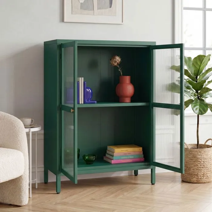 Buffet Säkylä acier verre strié 84 x 64 x 35 cm vert sapin en.casa