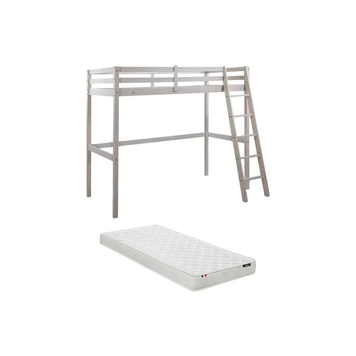 Lit mezzanine - 90 x 190 cm - Pin massif - Blanchi + matelas - GEDEON II