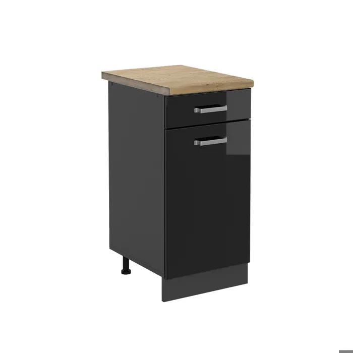 Vicco Meuble cuisine Noir Haute brillance/Anthracite 40cm plan de travail Chêne doré