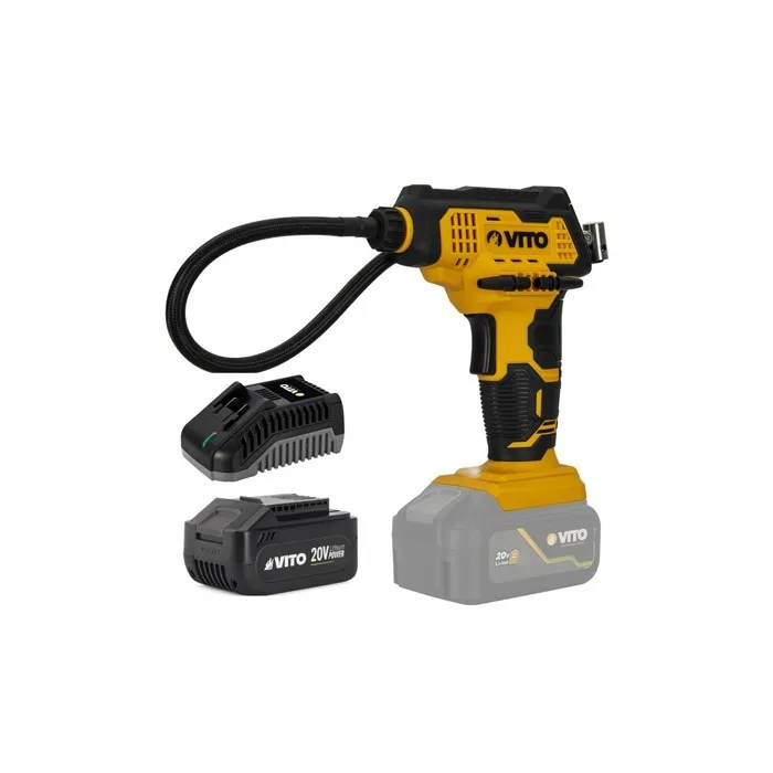 Compresseur sans fil 7 bar 20V + Batterie lithium 2Ah Chargeur + 6 Embouts de gonflage VITO