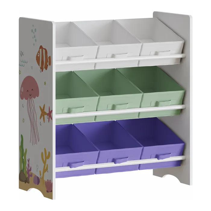 Étagère de rangement Boiro pour enfant avec 9 bacs pliables blanc / vert clair / violet en.casa