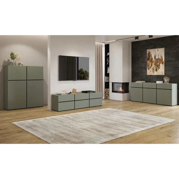 Salon complet HAVANA Vert sauge et noir Meuble TV, buffet et buffet haut Style design moderne
