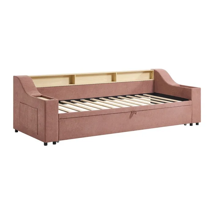 Lit gigogne 2 x 80 x 200 cm avec rangements et port USB - Tissu - Rose - ORAVAYA