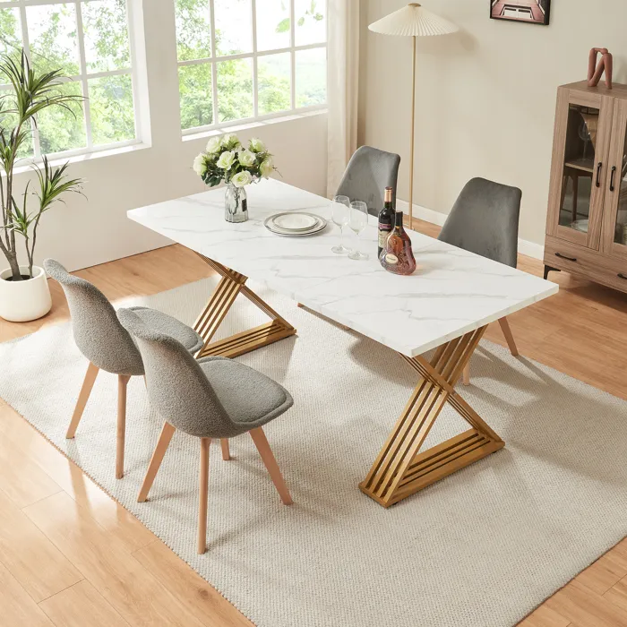 Table à manger Hujaari pour 6 personnes effet marbre blanc / doré en.casa