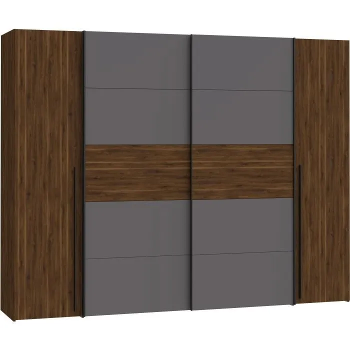 Armoire NARAGO - Décor Noyer Bakersfield et gris - 2 portes coulissantes + 2 portes battantes - L270 x P61 x H210 cm