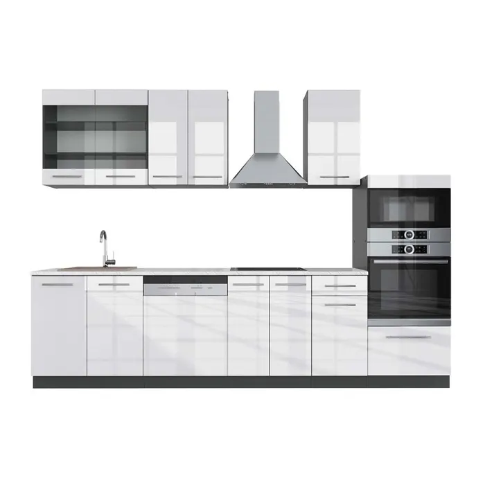 Vicco Cuisine Blanc brillant/Anthracite 300cm avec armoire haute, PT Marbre