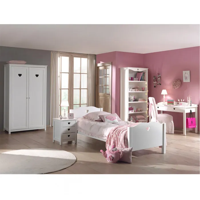 MILADY - Lit 90x200cm avec Sommier + Chevet + Armoire 2P + Pack Bureau