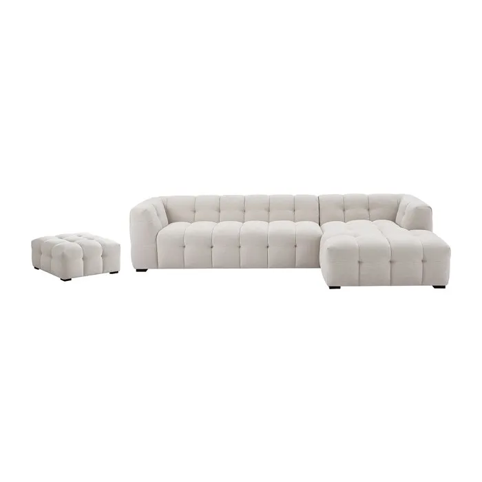 Canapé d'angle droit et pouf en tissu chiné beige DILOME