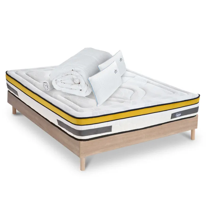 Ensemble Aubertin 160x200 cm + sommier bois + accessoires - Ressorts + mémoire - Ép. 24 cm