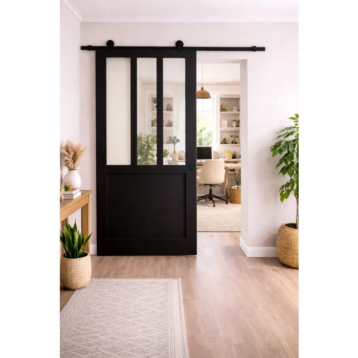 Porte Coulissante Atelier Noir H204 X L83 Cm, Rail Roulettes, Coquilles Noir Gd Menuiseries