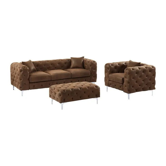 Canapé 3 places, fauteuil et pouf chesterfield en microfibre aspect cuir vieilli EDWINA