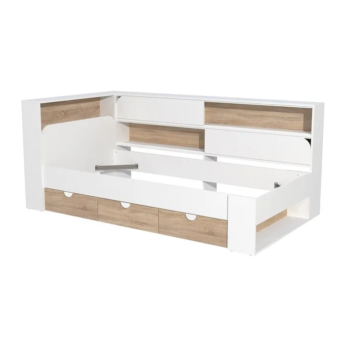 Lit 90 x 190 cm avec rangements - Coloris: Blanc et naturel - TAMADU
