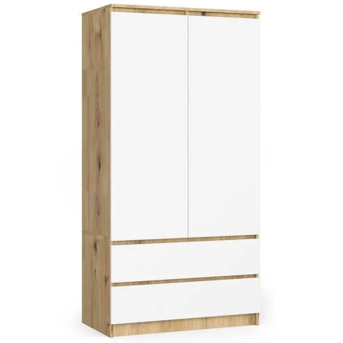 Armoire Akord S90 Chêne Artisan 90 Cm 2 Portes 2 Tiroirs Façade Blanche 4 Étagères 90x51x180 Cm