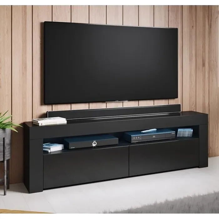 Muebles Bonitos - Meuble Tv 2 Portes Meuble Tv De Salon Avec Led 140x50x35cm Modèle Aker Noir Finition Brillante